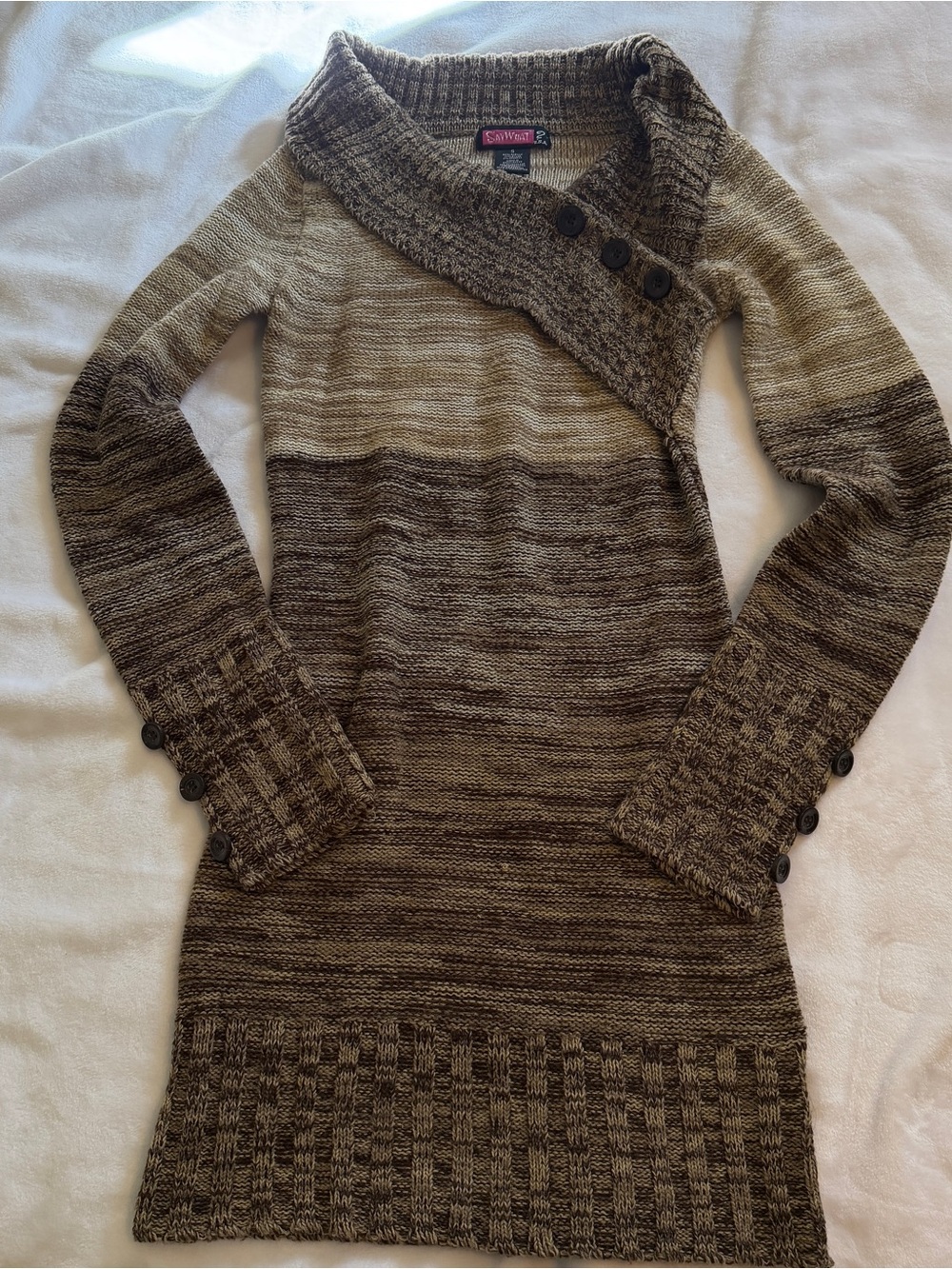 Say What? Brown Ombre Cowl Neck Sweater Dress with Button Trim